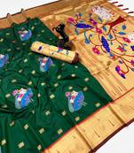 Green soft silk pichwai paithani saree with lotus butta & double muniya border