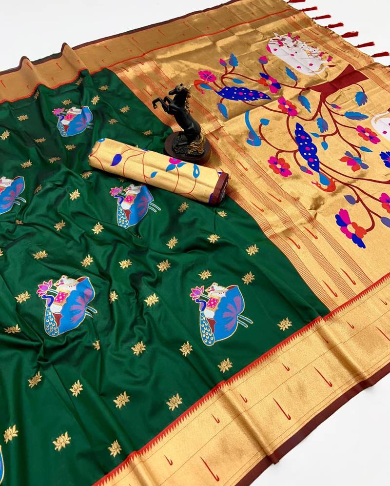 Green soft silk pichwai paithani saree with lotus butta & double muniya border