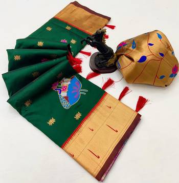 Green soft silk pichwai paithani saree with lotus butta & double muniya border 2
