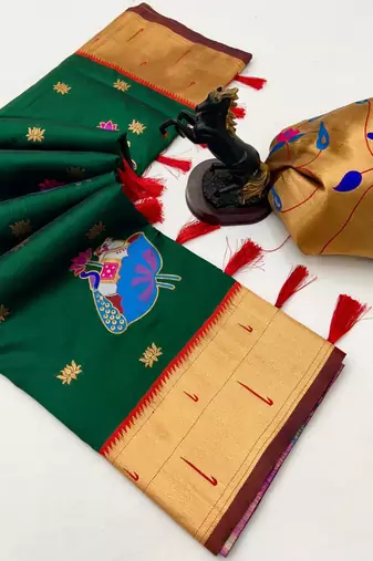 Green soft silk pichwai paithani saree with lotus butta & double muniya border