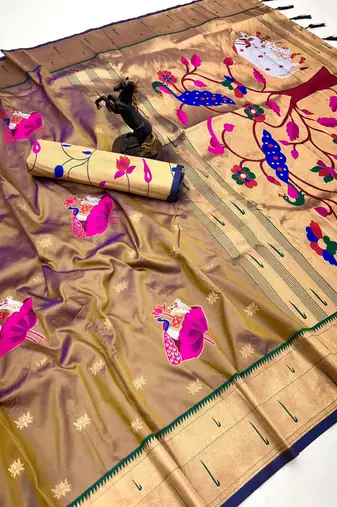 Brown soft silk pichwai paithani saree with lotus butta & double muniya border
