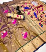 Brown soft silk pichwai paithani saree with lotus butta & double muniya border