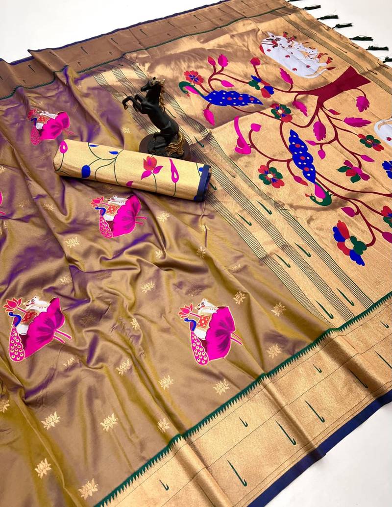 Brown soft silk pichwai paithani saree with lotus butta & double muniya border