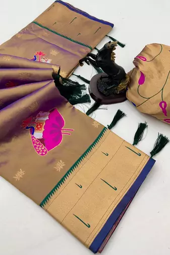 Brown soft silk pichwai paithani saree with lotus butta & double muniya border