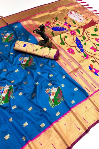 Sky blue soft silk pichwai paithani saree with lotus butta & double muniya border