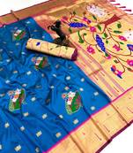 Sky blue soft silk pichwai paithani saree with lotus butta & double muniya border