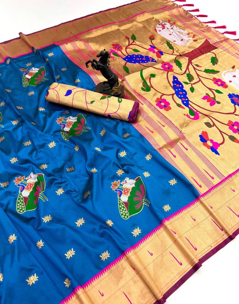 Sky blue soft silk pichwai paithani saree with lotus butta & double muniya border