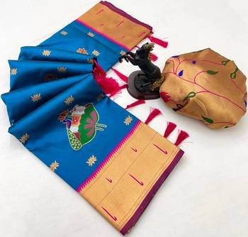 Sky blue soft silk pichwai paithani saree with lotus butta & double muniya border 2
