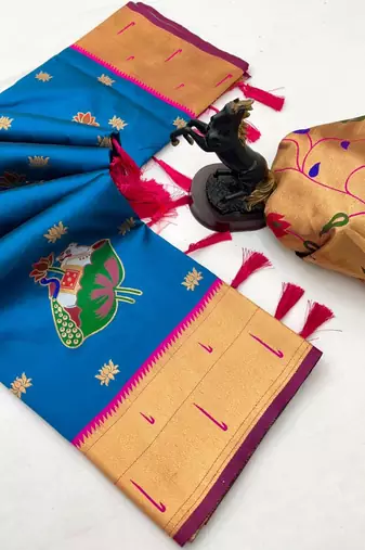 Sky blue soft silk pichwai paithani saree with lotus butta & double muniya border