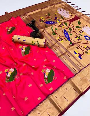 Pink soft silk pichwai paithani saree with lotus butta & double muniya border 1