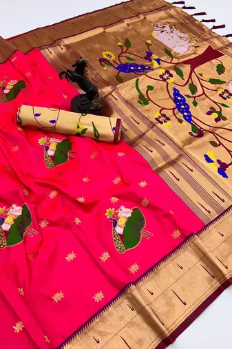Pink soft silk pichwai paithani saree with lotus butta & double muniya border