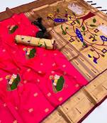 Pink soft silk pichwai paithani saree with lotus butta & double muniya border