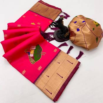 Pink soft silk pichwai paithani saree with lotus butta & double muniya border 2