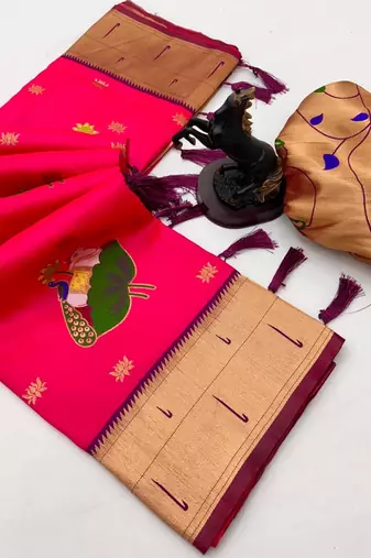 Pink soft silk pichwai paithani saree with lotus butta & double muniya border