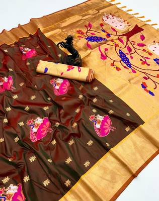 Rust soft silk pichwai paithani saree with lotus butta & double muniya border 1