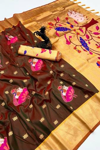Rust soft silk pichwai paithani saree with lotus butta & double muniya border