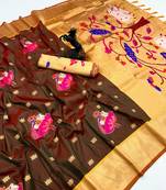 Rust soft silk pichwai paithani saree with lotus butta & double muniya border