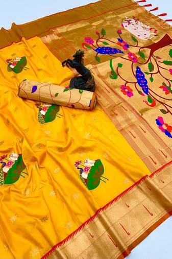 Yellow soft silk pichwai paithani saree with lotus butta & double muniya border