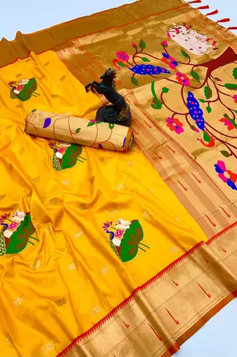 Yellow soft silk pichwai paithani saree with lotus butta & double muniya border