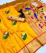 Yellow soft silk pichwai paithani saree with lotus butta & double muniya border