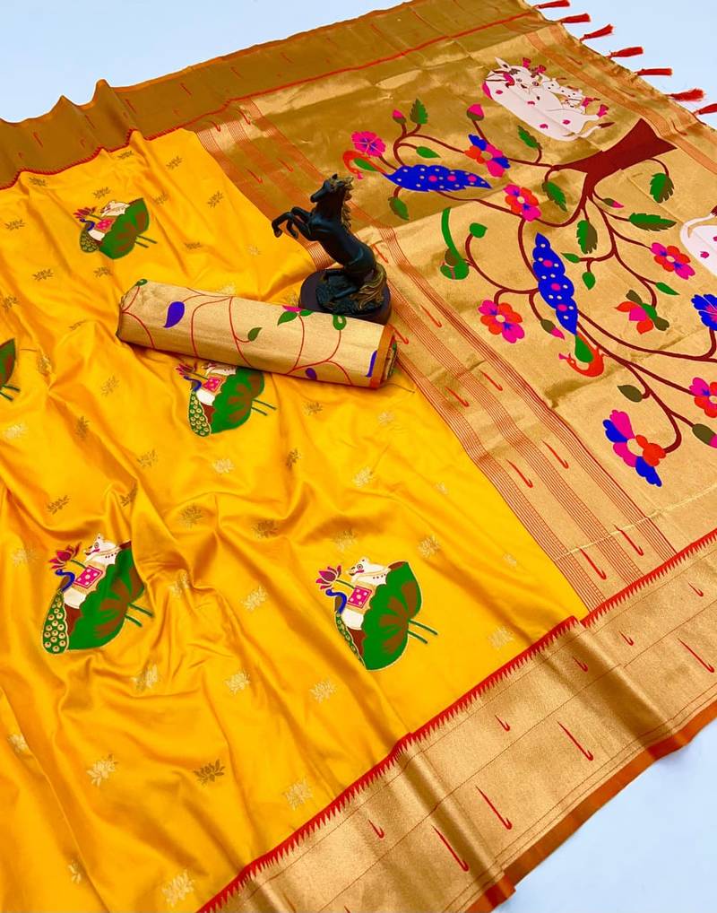 Yellow soft silk pichwai paithani saree with lotus butta & double muniya border