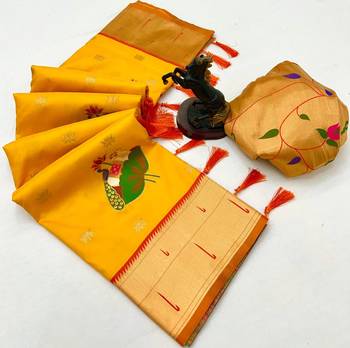 Yellow soft silk pichwai paithani saree with lotus butta & double muniya border 2
