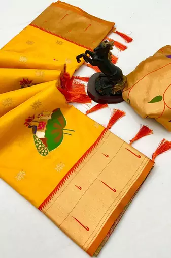 Yellow soft silk pichwai paithani saree with lotus butta & double muniya border