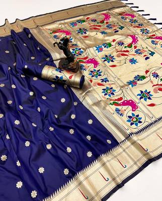 Navy blue soft silk paithani saree with flora zari weaving & muniya border 1