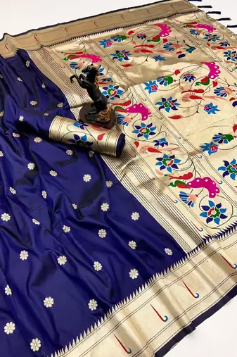 Navy blue soft silk paithani saree with flora zari weaving & muniya border