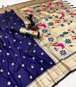 Navy blue soft silk paithani saree with flora zari weaving & muniya border
