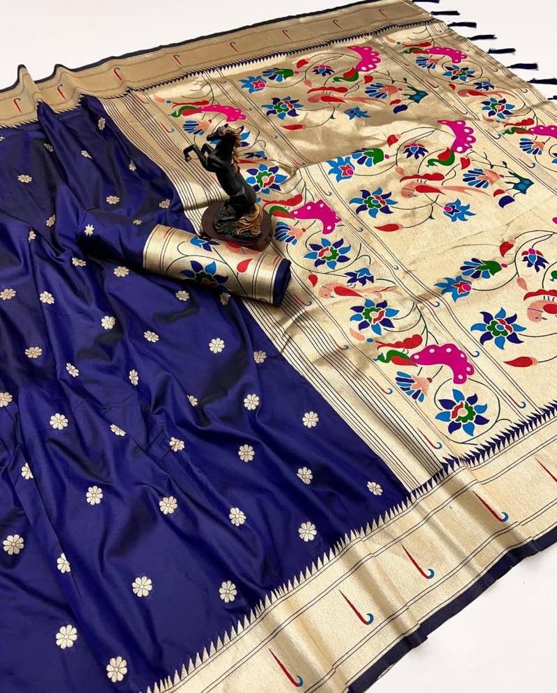 Navy blue soft silk paithani saree with flora zari weaving & muniya border