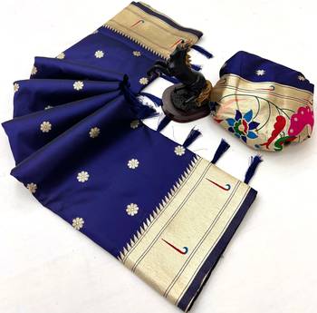 Navy blue soft silk paithani saree with flora zari weaving & muniya border 2