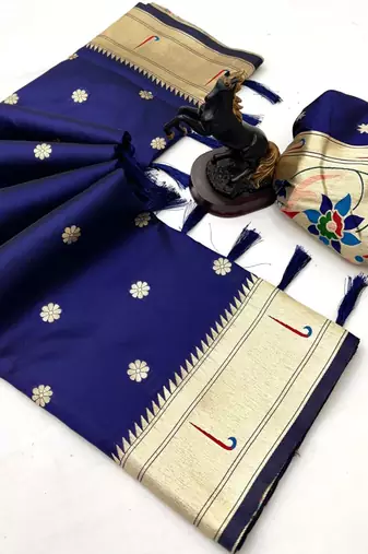 Navy blue soft silk paithani saree with flora zari weaving & muniya border