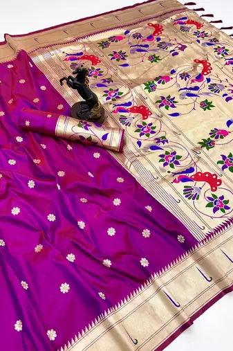Pink soft silk paithani saree with flora zari weaving & muniya border