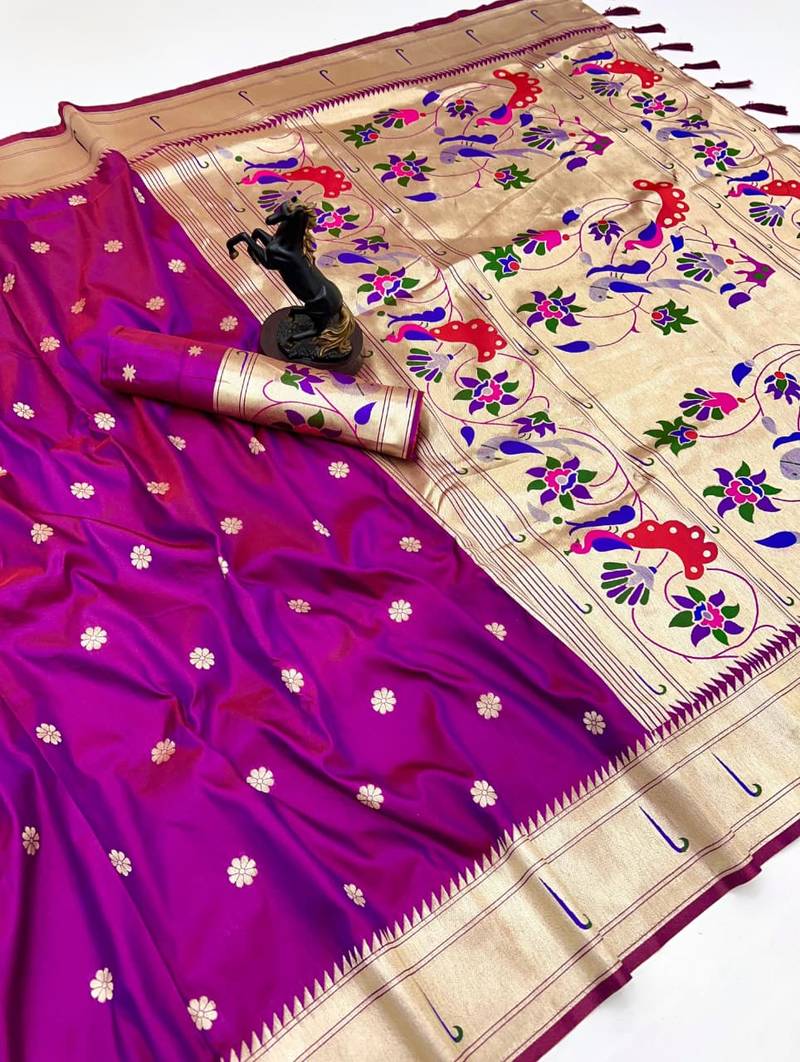Pink soft silk paithani saree with flora zari weaving & muniya border