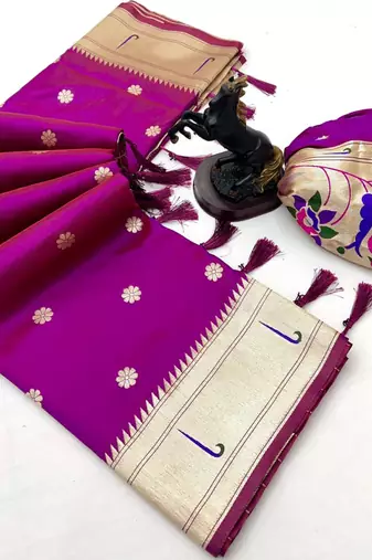 Pink soft silk paithani saree with flora zari weaving & muniya border