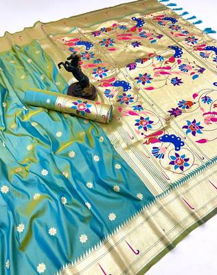 Light green soft silk paithani saree with flora zari weaving & muniya border 1