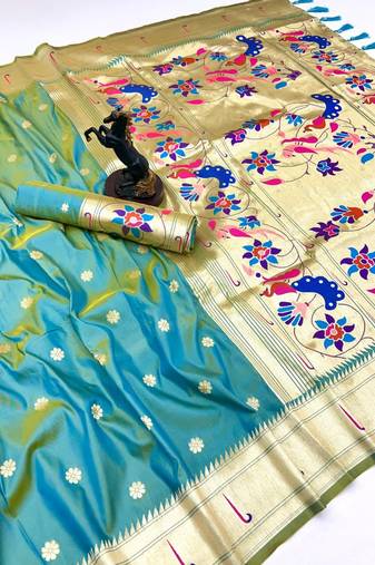 Light green soft silk paithani saree with flora zari weaving & muniya border