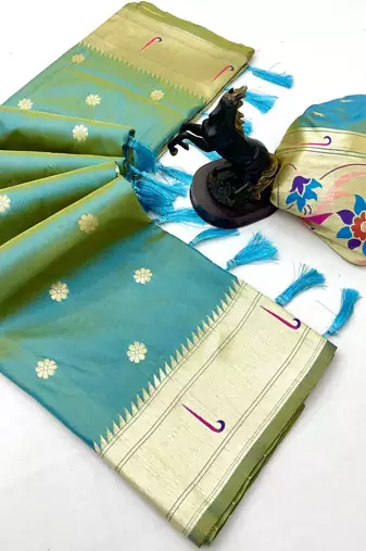 Light green soft silk paithani saree with flora zari weaving & muniya border