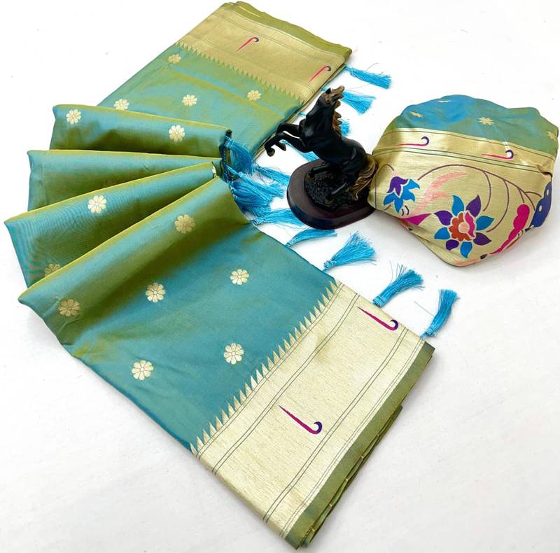 Light green soft silk paithani saree with flora zari weaving & muniya border