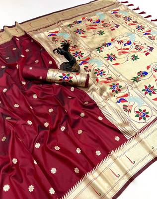 Red soft silk paithani saree with flora zari weaving & muniya border 1