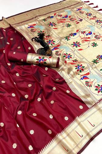 Red soft silk paithani saree with flora zari weaving & muniya border