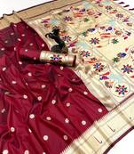 Red soft silk paithani saree with flora zari weaving & muniya border