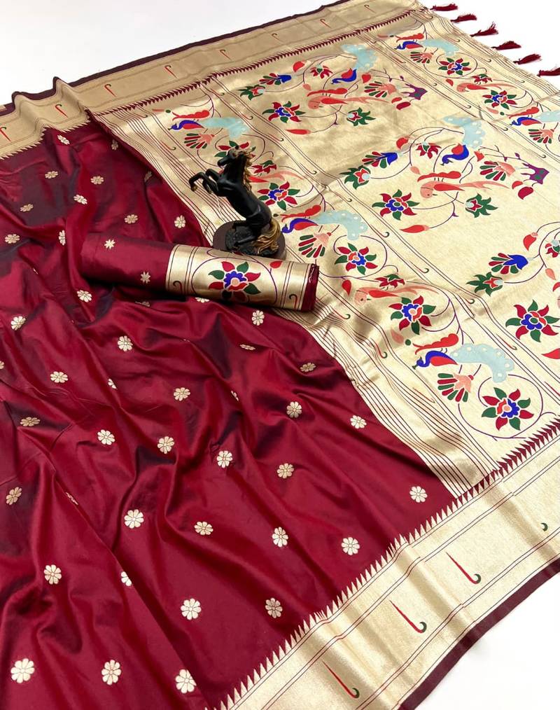 Red soft silk paithani saree with flora zari weaving & muniya border