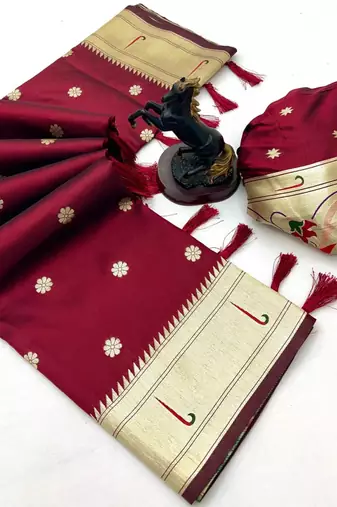 Red soft silk paithani saree with flora zari weaving & muniya border