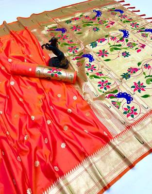 Orange soft silk paithani saree with flora zari weaving & muniya border 1