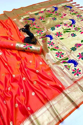 Orange soft silk paithani saree with flora zari weaving & muniya border