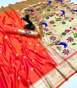 Orange soft silk paithani saree with flora zari weaving & muniya border