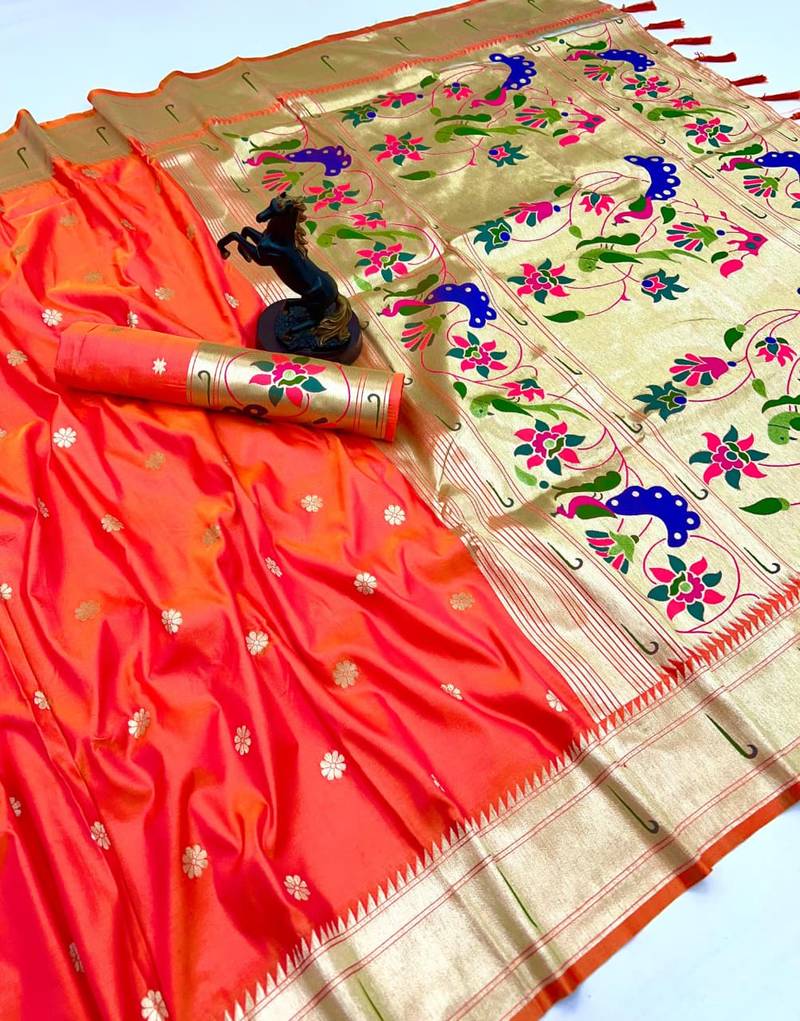 Orange soft silk paithani saree with flora zari weaving & muniya border