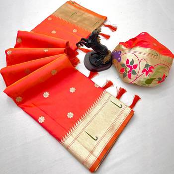 Orange soft silk paithani saree with flora zari weaving & muniya border 2